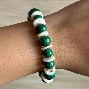 Handmade Malachite and Mother of Pearl Beaded Stretch Bracelet, 6”